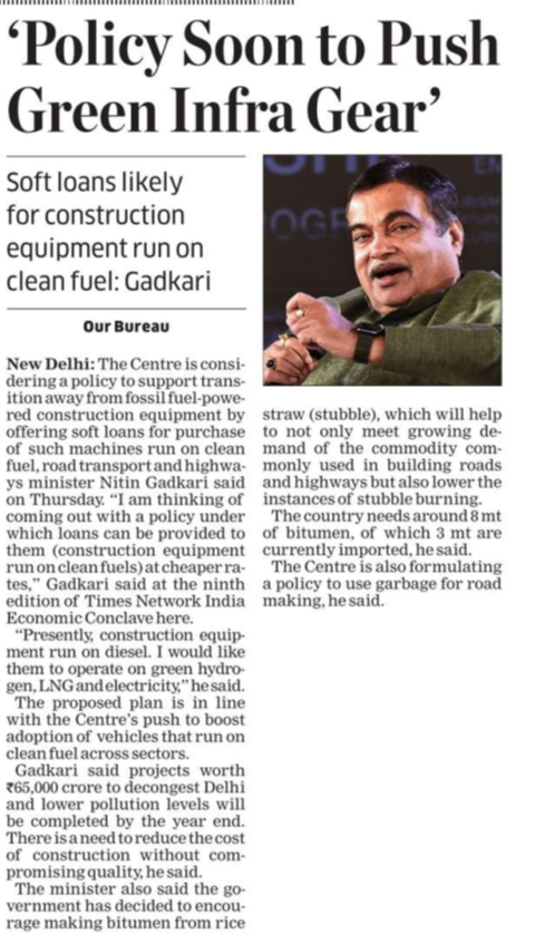 nitin gadkari - policy soon to push Green Infra Gear